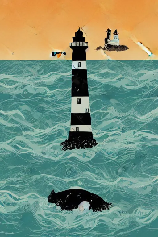 Prompt: old man and the sea, seaweed in his beard, a marine creature grabs a lighthouse in the background, 6 0'space poster illustration, grain