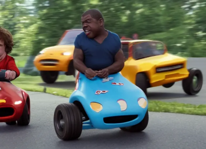 Image similar to peter dinklage racing gary coleman driving a little tikes cars, movie still, from the new fast and furious movie, 8 k, realistic