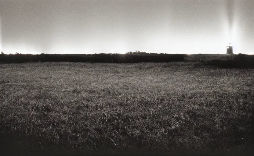 Image similar to red beam of light from lighthouse rotating over the field, night, unsettling, fire on the horizon, photo 1998