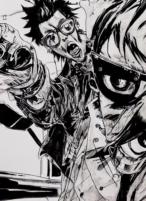 Prompt: travis touchdown, by takehiko inoue and kim jung gi and hiroya oku, masterpiece ink illustration