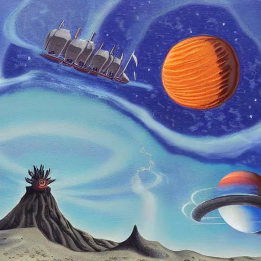 Image similar to Surrealistic painting of a pirate ship on lava, planets on the background, extremely detailed