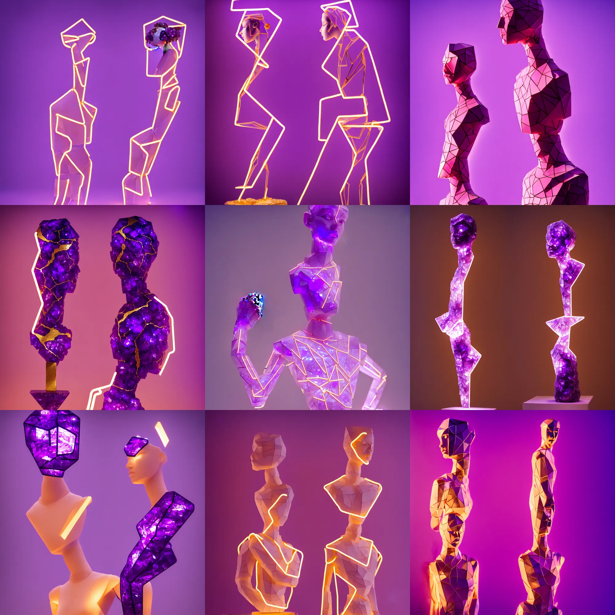 Prompt: beautiful mannequin sculpted out of amethyst by billelis + lit with geometric neon + kintsugi, facing a doorway opening with neon pink geometric light + gold geometric cubed bonsai plants, clean linework, dramatic, finely detailed, rule of thirds, moody, award winning, 4 k, trending on artstation, photorealistic, volumetric lighting, octane render