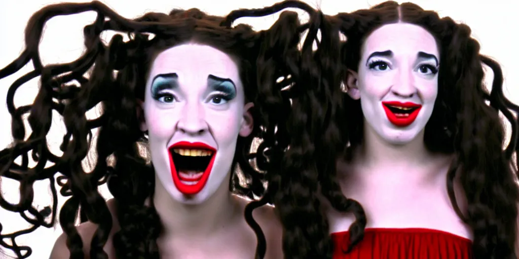 Image similar to camcorder video of young woman as medusa as miranda sings, multiple poses, 6 4 0 x 4 8 0 low resolution video