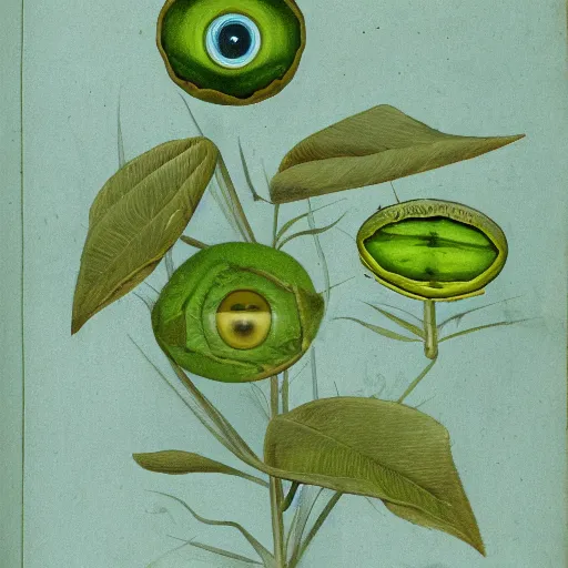 Image similar to botanical illustration of a green plant with eyeballs instead of flowers