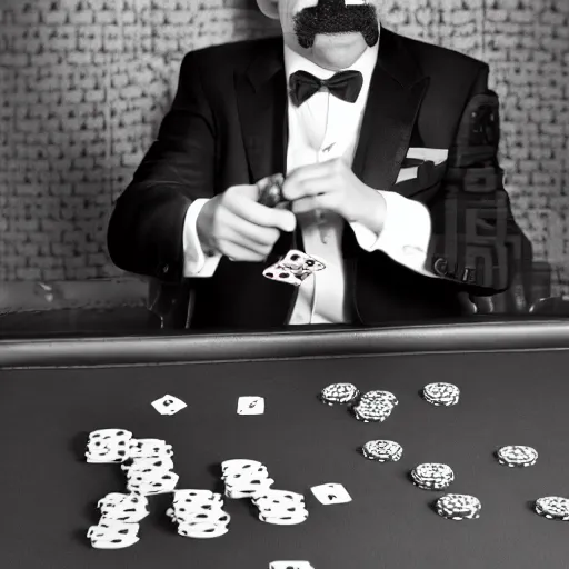 Image similar to monkey in a suit smoking a cigar and playing poker in a casino, 5 0 mm, black and white photo, trending on artstation