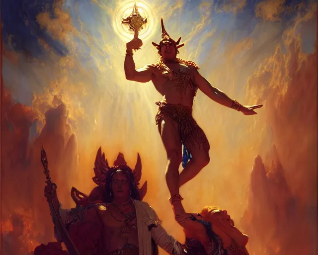 Image similar to attractive male deity, casting demonic magic, summoning handsome lucifer morning star. highly detailed painting by gaston bussiere, craig mullins, j. c. leyendecker 8 k