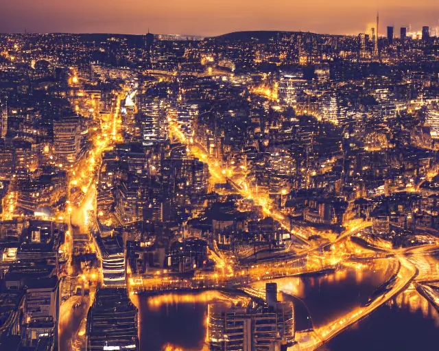 Prompt: a view of a city from a distance at night, a matte painting by konstantinas ciurlionis, featured on unsplash, synchromism, photo taken with nikon d 7 5 0, high dynamic range, nightscape