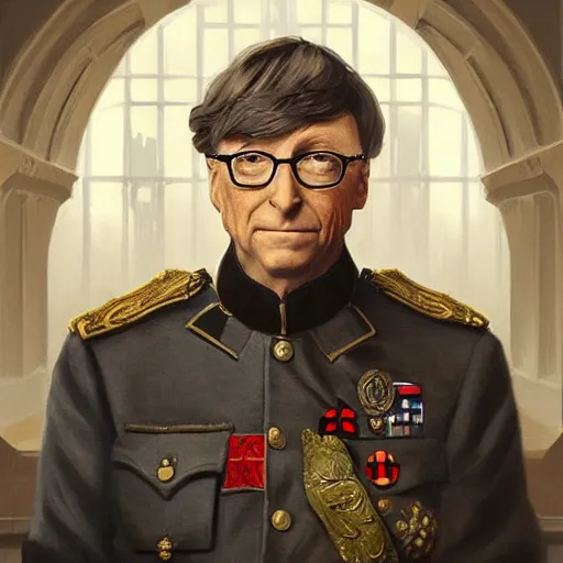 Prompt: portrait of Bill Gates as a German Officer, elegant, intricate, headshot, highly detailed, digital painting, artstation, concept art, sharp focus, illustration, art by artgerm and greg rutkowski and alphonse mucha