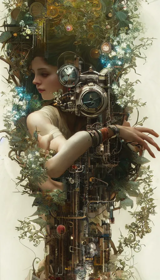 Image similar to hyper realistic time machine schematics, cyberpunk, design on white background, beautiful details, lush foliage, drawn by john singer sargent, tom bagshaw, norman rockwell, alphonso mucha, lolish, trending on artstation