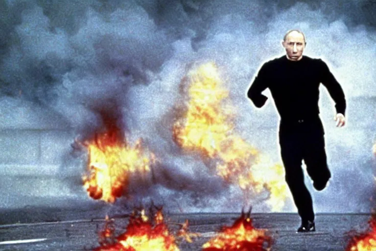 Image similar to film still, energetic long shot, tilted frame, some motion blur, of Vladimur Putin running away from an explosion, from the movie The Rock (1996), promotional photo