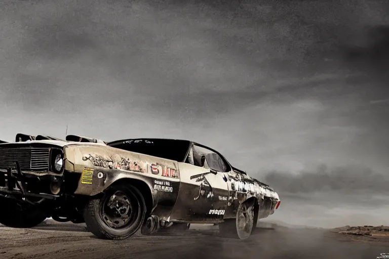 Prompt: 3 5 mm low angle photo mad max combat military black 1 9 7 3 ford falcon gt hot rod on a deserted post apocalyptic road, roof mounted rocket launchers, gta 5, rocket league, hyper detailed, rocket league, smooth, high contrast, volumetric lighting, octane, george miller, vibrant rich deep color, comic book