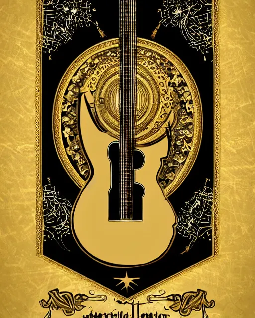 Image similar to demonic fractalpunk guitar concept illustration, rococo, celestial runes floating, symmetrical composition, spiral with golden ratio, gold and black paper, de - noise, ornate border, tarot card, 8 k