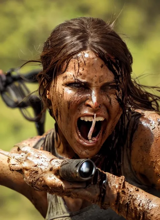 Image similar to a film still of lara croft screaming, her face muddy and sweat, direct sun light, close up potrait, cinematic,