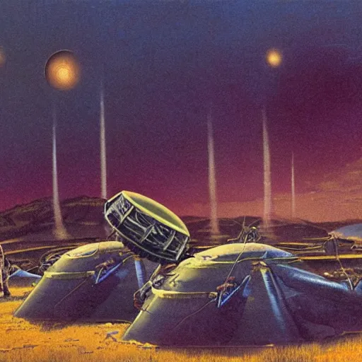 Image similar to tintype, wide view, thundra ufo crash site, team of scientists studying captured alien, art by bruce pennington