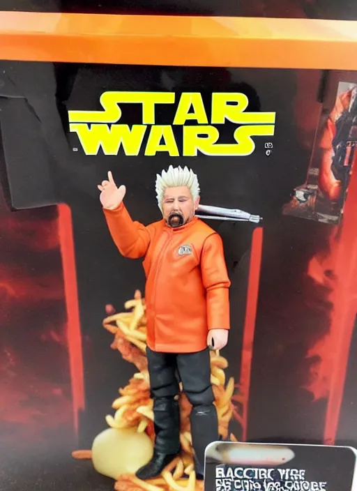 Prompt: star wars black series action figure of guy fieri with barfing chili cheese fries action, pristine box, toy still in package, ebay, extremely detailed