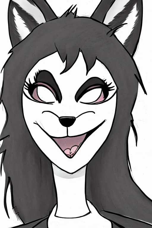 Image similar to drawing of anthromorphic female wolf, in style of cory loftis, female fursona, furry, furaffinity, 4 k, deviantart, furry art, fursona art, wearing black business suit, business suit, in style of zootopia, wolf fursona, cyberpunk, female, very expressive detailed feminine face,