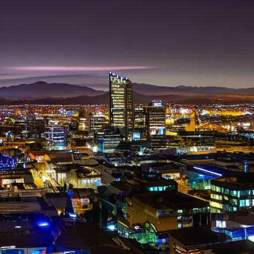 Image similar to Christchurch city skyline at night, cyberpunk style