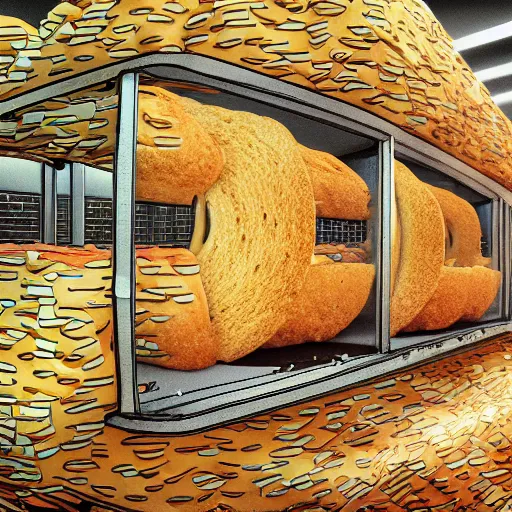 Image similar to a robot living inside a bread sandwish seen from outside, hyper detailed,