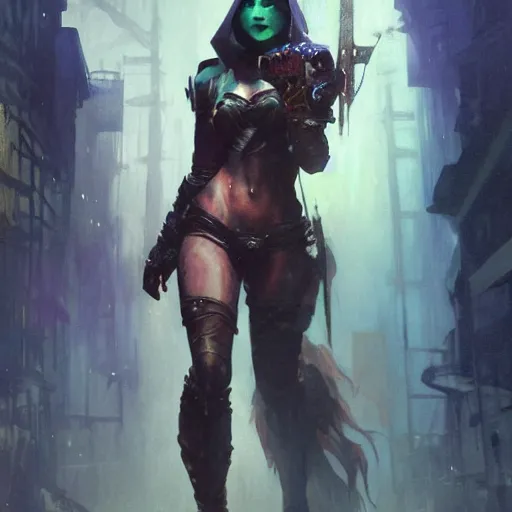 Image similar to sylvanas windrunner, hyperrealistic full figure, bladerunner street alley, art of elysium by frank frazetta and by jeremy mann and by alphonse mucha, fantasy art, photo realistic, dynamic lighting, artstation, full figure poster, volumetric lighting, very detailed face, 4 k, award winning