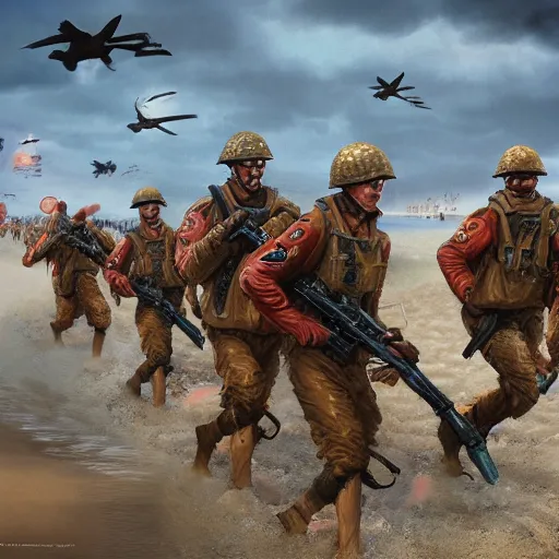 Image similar to rooster soldiers storming the beach d - day in normandy, hyperdetailed, artstation, cgsociety, 8 k