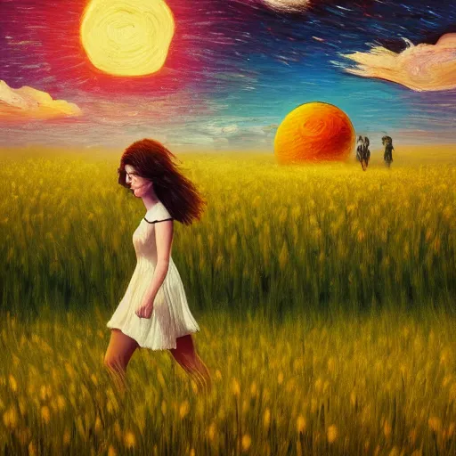 Image similar to giant daisy flower as a head, girl walking in wheat field, hills, surreal photography, moon light, dark night, star trails, dramatic light, impressionist painting, clouds, digital painting, artstation, simon stalenhag