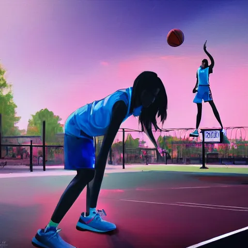 Prompt: tall woman wearing a blue jacket and pink shorts playing basketball, complete detailed body, city in background, moody atmosphere, digital art, highly detailed, high contrast, beautiful lighting, award winning, trending on art station, photorealistic, 8 k,