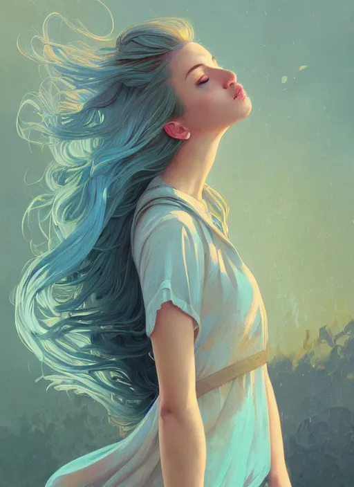 Image similar to handsome young women with shoulder length light blue hair, half body shot, path traced, highly detailed, high quality, digital painting, alena aenami, lilia alvarado, shinji aramaki, karol bak, alphonse mucha, tom bagshaw