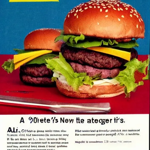 Prompt: a 1 9 8 0 s ad for the all new mcdonald's hemlock burger