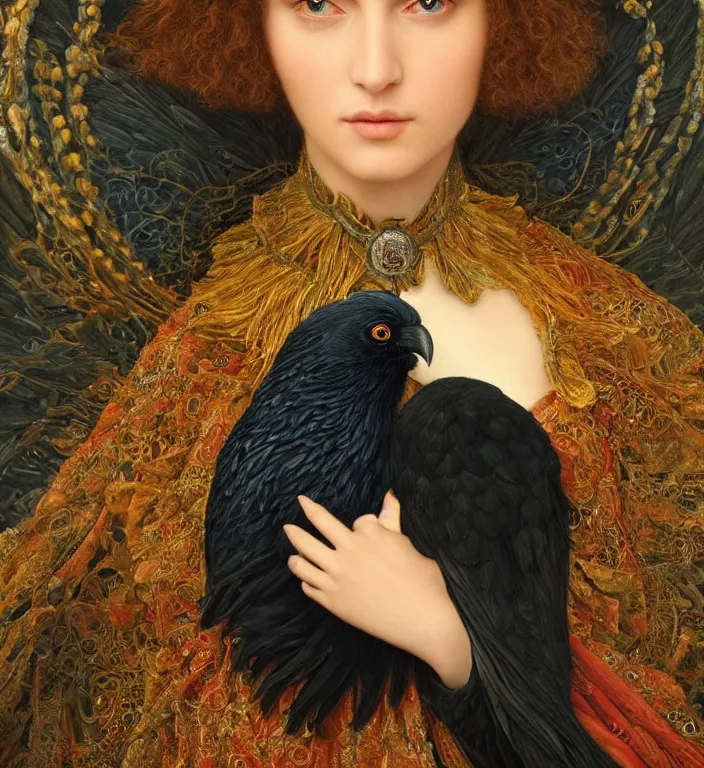 Image similar to a breathtakingly stunningly beautifully highly detailed portrait of a majestic raven, by rosetti and devinci and michael cheval and sidney cooper and turner, 4 k