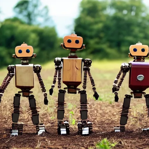 Image similar to Happy anthropromorphic robots made out of wood working in the fields