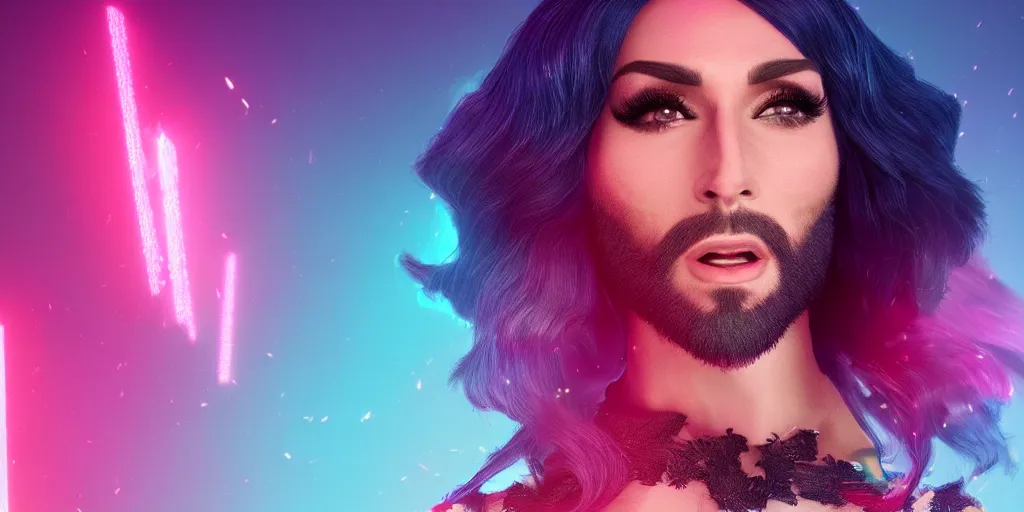 Prompt: rise like a phoenix, conchita wurst, pink and blue lighting, cinematic lighting, trending on artstation, 4k, hyperrealistic, focused, extreme details, unreal engine 5, cinematic, masterpiece