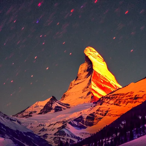 Image similar to a photo at nighttime of llumination of the matterhorn in the colors of indian flag, projected illuminated on the matterhorn mountain at night