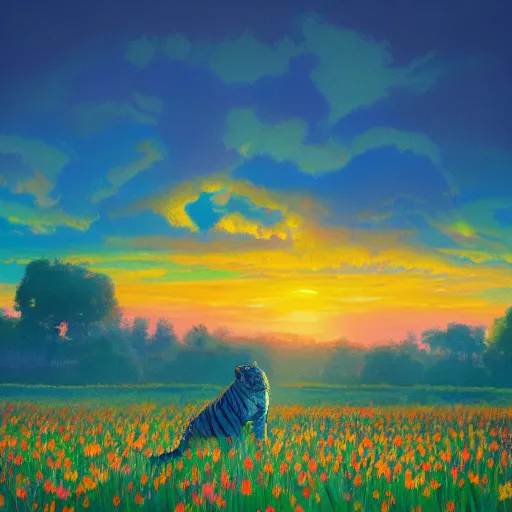 Prompt: a tiger watching a sunset, surreal photography, flower field, beautiful sunset on a summer day light, impressionist painting, colorful clouds, blue sky, digital painting, artstation, simon stalenhag