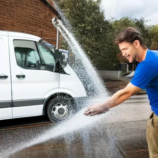 Image similar to stock image of man washing amazon van with microfibre cloth, the van is very clean and you can only see the bonnet and his arm which is cleaning. the lighting is dynamic, stock photo 3 5 mm 8 k photorealistic