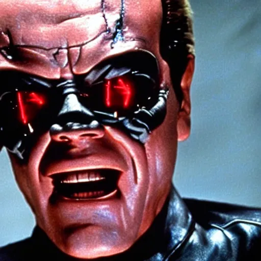 Prompt: Jack Nicholson plays Terminator, scene where his endoskeleton gets exposed