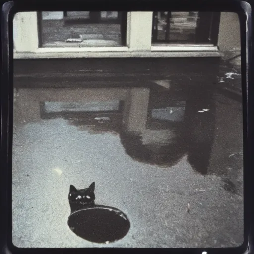 Prompt: wide-shot very low-angle eyesight first-person reflection of a cat in the puddle at the street, polaroid photo, by Andy Warhol, signed