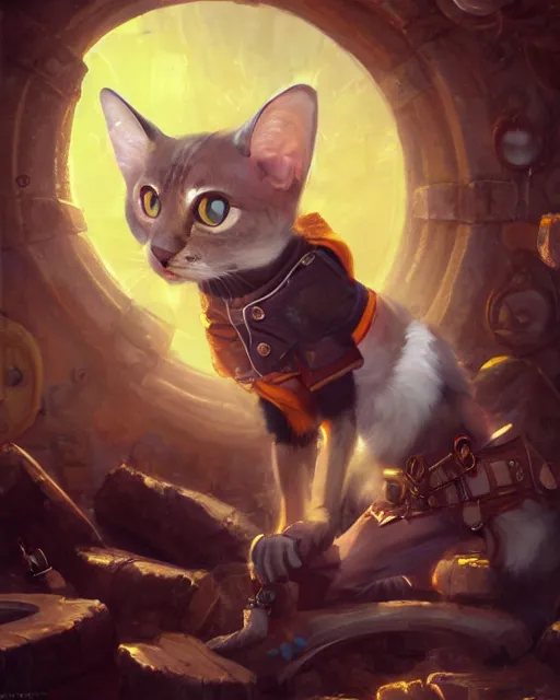 Prompt: oil painting of anthropomorphized tricolor cat, detective clothes, close shot, full body, dark steampunk mine shaft background, sharp focus, fantasy style, octane render, volumetric lighting, 8k high definition, by greg rutkowski, highly detailed, trending on art Station, dungeons and dragons artwork, centered