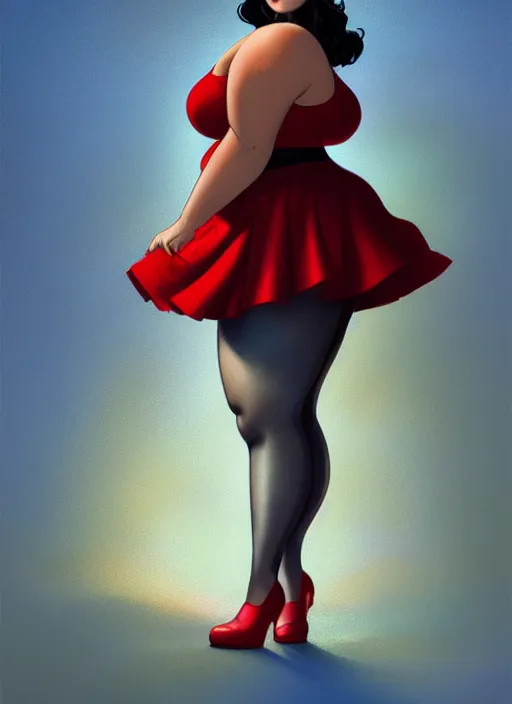 Image similar to full body portrait of teenage veronica lodge, obese, bangs, sultry, realistic, sultry smirk, wavy hair, red skirt, fat, belly, intricate, elegant, glowing lights, highly detailed, digital painting, artstation, concept art, smooth, sharp focus, illustration, art by wlop, mars ravelo and greg rutkowski