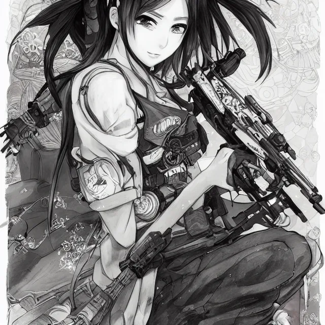 Prompt: the anime portrait of an energetic female sniper as absurdly beautiful, gorgeous, elegant, young anime gravure idol, wearing long scarf and tank top, an ultrafine hyperdetailed illustration by, akihiko yoshida, intricate linework, bright colors, overwatch, final fantasy, global illumination, radiant light, detailed and intricate environment, trending on deviant art