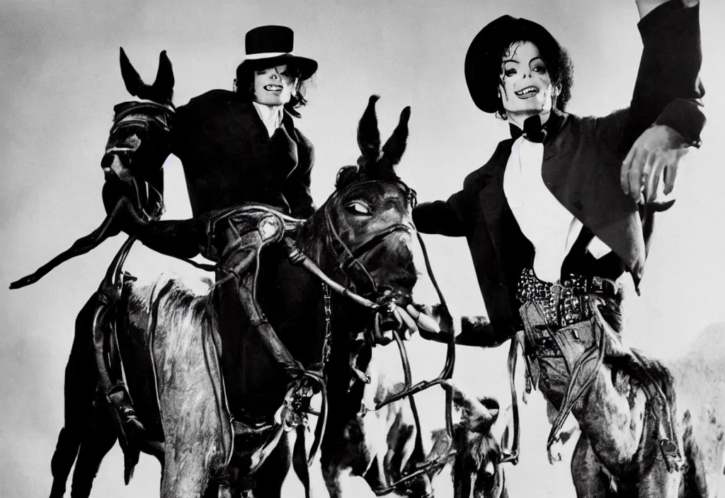 Image similar to michael jackson as a 1 9 5 0 s vampire riding a donkey