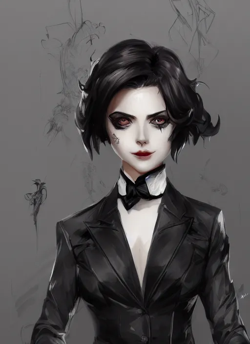 Image similar to a highly detailed illustration of beautiful short black messy haired woman wearing eyepatch and noir style suit and tie, dramatic smiling pose, intricate, elegant, highly detailed, centered, digital painting, artstation, concept art, smooth, sharp focus, league of legends concept art, WLOP