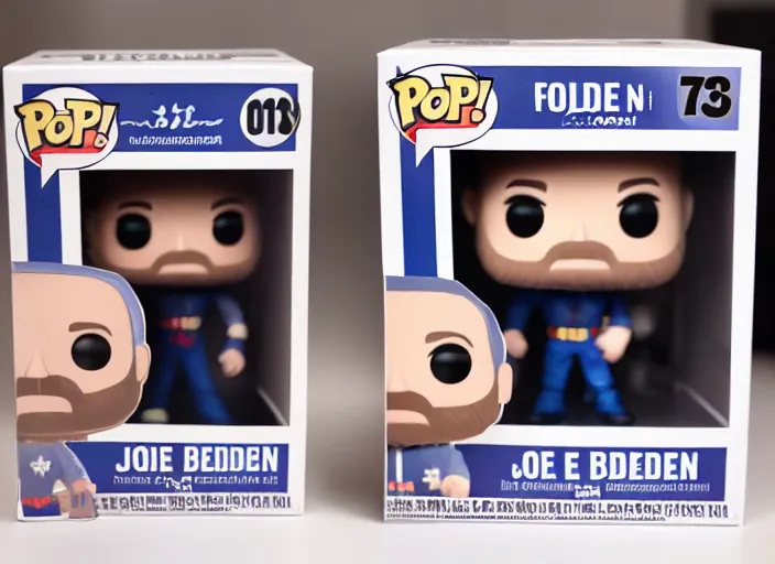 Image similar to product still of Joe Biden funko pop with box, 85mm f1.8