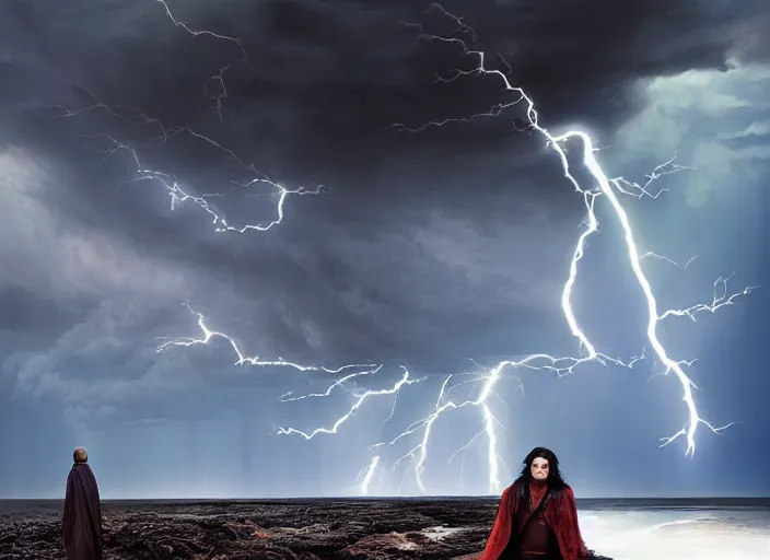 Prompt: a man with a long wavy black hair wearing a long blue coat and stands with his back to the viewer on bare rocky ground looking up at an immense approaching lightning storm. roiling dramatic threatening dangerous looming clouds. a threatening red orange cast to the picture. fantasy art by greg rutkowski and michael whelan