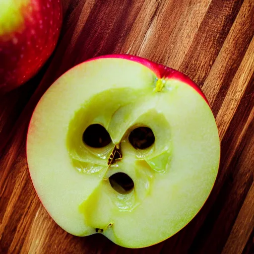 Prompt: close up image of a apple slice with bokeh bacground of cutting board and apple