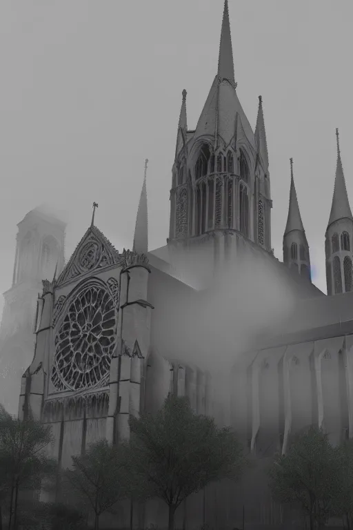 Image similar to misty artistic rendering Cathedral of Notre Dame, ash in the air, silent hill style, 8k resolution, octane render, volumetric lighting popular on artstation, popular on deviantart,