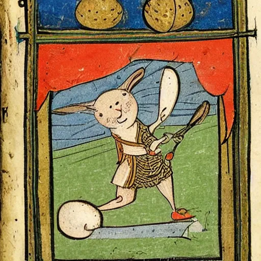 Image similar to a medieval book illustration of a rabbit playing tennis