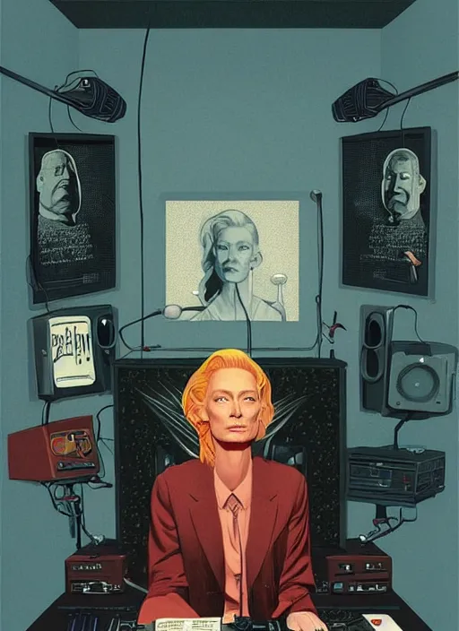 Image similar to Twin Peaks poster artwork by Michael Whelan, Bob Larkin and Tomer Hanuka, Karol Bak of portrait of radio host Tilda Swinton hanging out in her studio radio sound booth, from scene from Twin Peaks, simple illustration, domestic, nostalgic, from scene from Twin Peaks, clean, cover of New Yorker magazine