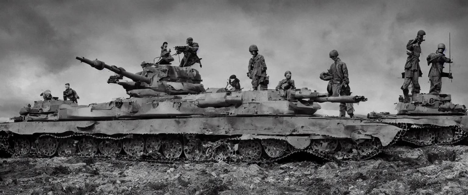 Image similar to detailed sharp photograph in the style of popular science circa 1 9 5 5 and gregory crewdson of soldiers on a tank in korean war