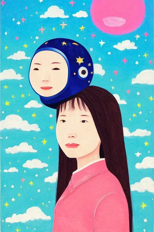 Image similar to portrait of a girl with astronaut helmets by 村 田 莲 尔, cloudy sky background lush landscapeb trending 村 田 莲 尔