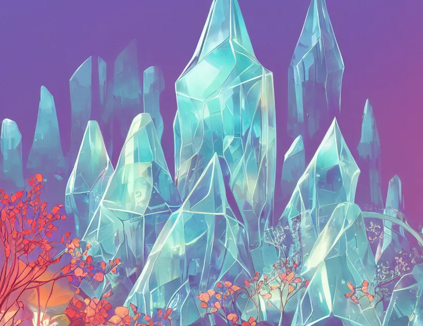 Prompt: beautiful futuristic crystal architecture with organic shapes, blooming plants growing on it. gouache, limited palette with complementary colors, by award - winning mangaka, backlighting, bold composition, depth of field.
